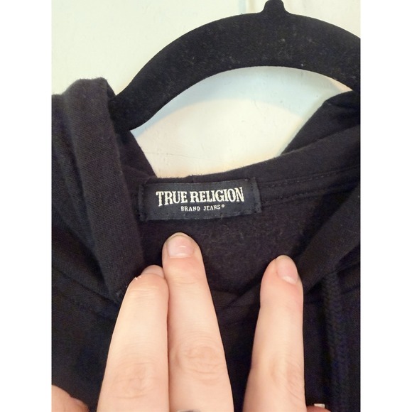 True Religion Raised Micro TR Hoodie Big Logo Mens Medium Black Pullover - Picture 3 of 5